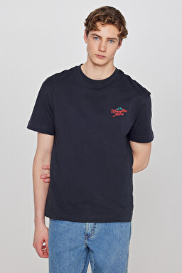 %100 Pamuk Relaxed Fit Rahat Kesim Bisiklet Yaka Logo Detaylı Tişört - W7535920355-Faded Black