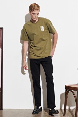Loose Fit Rahat Kesim %100 Pamuk Bisiklet Yaka Tişört - Deep Lichen Green-W7A1DFX1X (görsel 5)