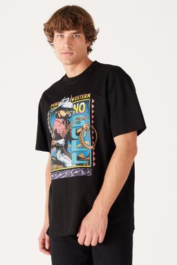 Loose Fit Rahat Kesim %100 Pamuk Bisiklet Yaka Siyah Tişört - Black-W7A1EE100 (görsel 4)