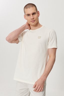Regular Fit Normal Kesim Sıfır Yaka %100 Pamuk Logolu Tişört - Off White-W7AXGYXME (görsel 2)