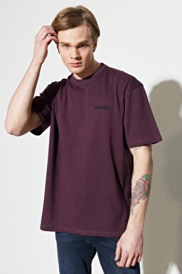 Loose Fit Rahat Kesim %100 Pamuk Bisiklet Yaka Bordo Tişört - Aubergine-W7BFEEXU1 (görsel 3)
