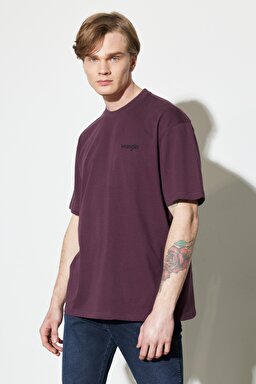 Loose Fit Rahat Kesim %100 Pamuk Bisiklet Yaka Bordo Tişört - Aubergine-W7BFEEXU1 (görsel 4)