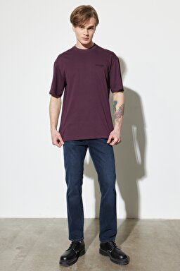 Loose Fit Rahat Kesim %100 Pamuk Bisiklet Yaka Bordo Tişört - Aubergine-W7BFEEXU1 (görsel 7)
