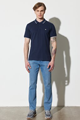 Regular Fit Normal Kesim %100 Pamuk Polo Yaka Lacivert Tişört - Navy-W7BHK4114 (görsel 3)