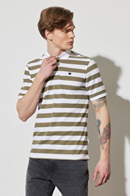 Regular Fit Normal Kesim %100 Pamuk Polo Yaka Çizgili Tişört - White-W7CDMH989