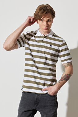 Regular Fit Normal Kesim %100 Pamuk Polo Yaka Çizgili Tişört - White-W7CDMH989 (görsel 2)
