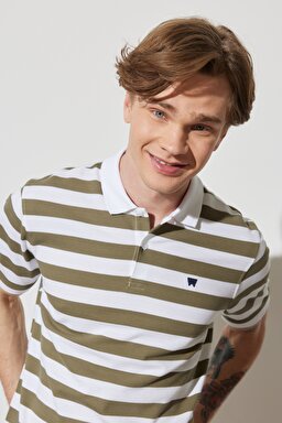 Regular Fit Normal Kesim %100 Pamuk Polo Yaka Çizgili Tişört - White-W7CDMH989 (görsel 3)