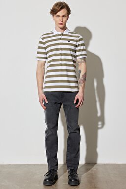 Regular Fit Normal Kesim %100 Pamuk Polo Yaka Çizgili Tişört - White-W7CDMH989 (görsel 6)