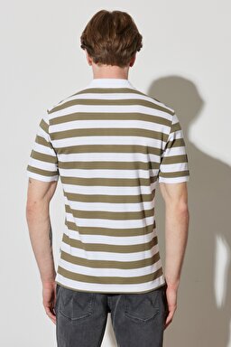 Regular Fit Normal Kesim %100 Pamuk Polo Yaka Çizgili Tişört - White-W7CDMH989 (görsel 7)