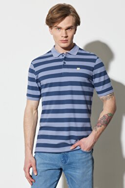 Regular Fit Normal Kesim %100 Pamuk Polo Yaka Çizgili Tişört - Dark Denim-W7CDMHXTG