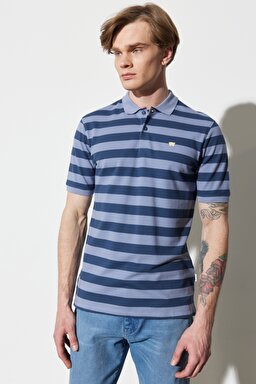 Regular Fit Normal Kesim %100 Pamuk Polo Yaka Çizgili Tişört - Dark Denim-W7CDMHXTG (görsel 2)