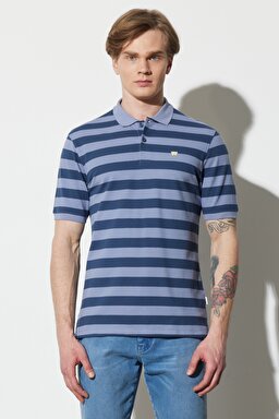 Regular Fit Normal Kesim %100 Pamuk Polo Yaka Çizgili Tişört - Dark Denim-W7CDMHXTG (görsel 3)