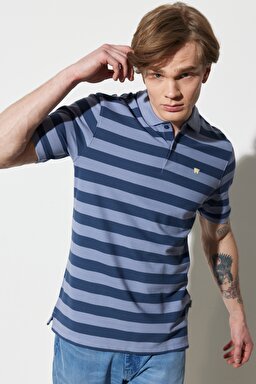Regular Fit Normal Kesim %100 Pamuk Polo Yaka Çizgili Tişört - Dark Denim-W7CDMHXTG (görsel 5)