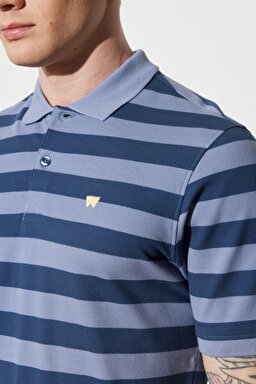 Regular Fit Normal Kesim %100 Pamuk Polo Yaka Çizgili Tişört - Dark Denim-W7CDMHXTG (görsel 6)