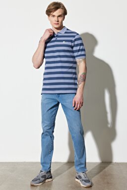 Regular Fit Normal Kesim %100 Pamuk Polo Yaka Çizgili Tişört - Dark Denim-W7CDMHXTG (görsel 7)