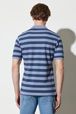 Regular Fit Normal Kesim %100 Pamuk Polo Yaka Çizgili Tişört - Dark Denim-W7CDMHXTG (görsel 8)