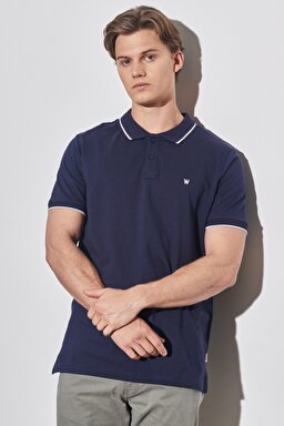 Slim Fit Dar Kesim Polo Yaka %100 Pamuk Tişört - Navy-W7D5K4114 (görsel 2)