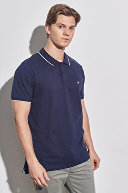 Slim Fit Dar Kesim Polo Yaka %100 Pamuk Tişört - Navy-W7D5K4114 (görsel 3)
