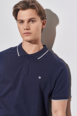 Slim Fit Dar Kesim Polo Yaka %100 Pamuk Tişört - Navy-W7D5K4114 (görsel 4)