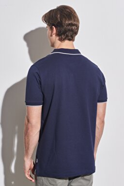 Slim Fit Dar Kesim Polo Yaka %100 Pamuk Tişört - Navy-W7D5K4114 (görsel 6)