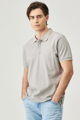 Slim Fit Dar Kesim Polo Yaka %100 Pamuk Tişört - Mid Grey Melee-W7D5K4X37 (görsel 3)