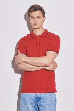 Slim Fit Dar Kesim Polo Yaka %100 Pamuk Tişört - Red-W7D5K4X47 (görsel 2)