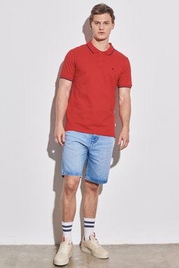 Slim Fit Dar Kesim Polo Yaka %100 Pamuk Tişört - Red-W7D5K4X47 (görsel 5)
