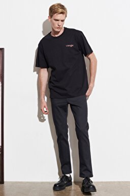 Loose Fit Rahat Kesim %100 Pamuk Bisiklet Yaka Siyah Tişört - Faded Black-W7L4GFXV6 (görsel 4)