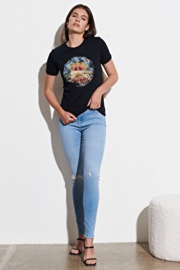 Slim Fit Dar Kesim %100 Pamuk Bisiklet Yaka Siyah Tişört - Black-W7N0DR100 (görsel 4)