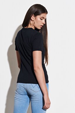 Slim Fit Dar Kesim %100 Pamuk Bisiklet Yaka Siyah Tişört - Black-W7N0DR100 (görsel 5)