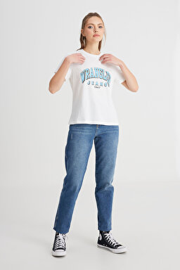 Regular Fit Normal Kesim Bisiklet Yaka %100 Pamuk Kırık Beyaz Tişört - Off White-W7N4205541102 (görsel 3)