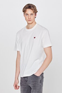 %100 Pamuk Relaxed Fit Rahat Kesim Bisiklet Yaka Logo Detaylı Tişört - Off White-W7NM203877102