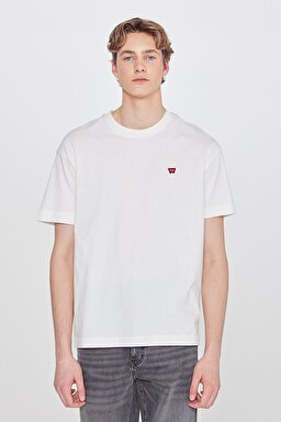 %100 Pamuk Relaxed Fit Rahat Kesim Bisiklet Yaka Logo Detaylı Tişört - Off White-W7NM203877102 (görsel 2)