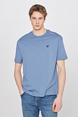 %100 Pamuk Relaxed Fit Rahat Kesim Bisiklet Yaka Logo Detaylı Tişört - Dusty Blue-W7NM203877223