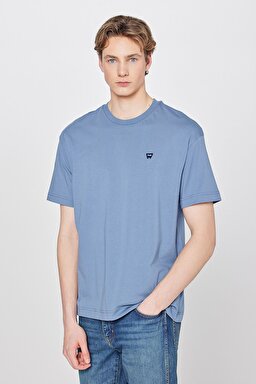 %100 Pamuk Relaxed Fit Rahat Kesim Bisiklet Yaka Logo Detaylı Tişört - Dusty Blue-W7NM203877223 (görsel 2)