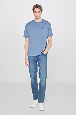 %100 Pamuk Relaxed Fit Rahat Kesim Bisiklet Yaka Logo Detaylı Tişört - Dusty Blue-W7NM203877223 (görsel 3)
