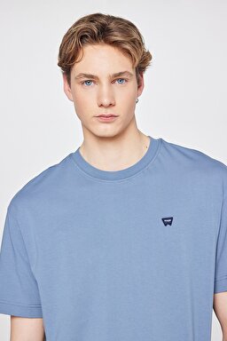%100 Pamuk Relaxed Fit Rahat Kesim Bisiklet Yaka Logo Detaylı Tişört - Dusty Blue-W7NM203877223 (görsel 4)