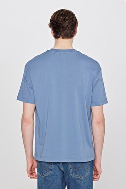 %100 Pamuk Relaxed Fit Rahat Kesim Bisiklet Yaka Logo Detaylı Tişört - Dusty Blue-W7NM203877223 (görsel 5)