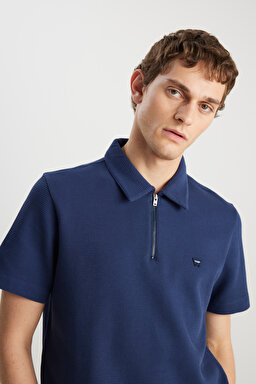 %100 Pamuk Regular Fit Normal Kesim Fermuar Detaylı Lacivert Polo Tişört - Navy-W7NQ205286410 (görsel 4)