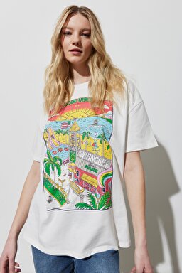 Oversize Fit Rahat Kesim %100 Pamuk Bisiklet Yaka Beyaz Tişört - Worn in White-W7R3EEW04