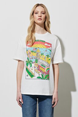 Oversize Fit Rahat Kesim %100 Pamuk Bisiklet Yaka Beyaz Tişört - Worn in White-W7R3EEW04 (görsel 2)