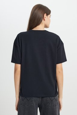 Regular Fit Normal Kesim Bisiklet Yaka %100 Pamuk Siyah Tişört - Black-W7R4EE001 (görsel 5)