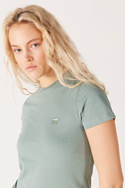 Slim Fit Dar Kesim %100 Pamuk Bisiklet Yaka Yeşil Tişört - Light Matcha-W7R4EEG62 (görsel 4)