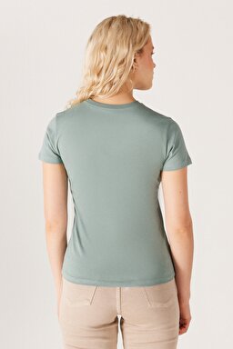 Slim Fit Dar Kesim %100 Pamuk Bisiklet Yaka Yeşil Tişört - Light Matcha-W7R4EEG62 (görsel 7)