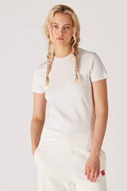 Slim Fit Dar Kesim %100 Pamuk Bisiklet Kırık Beyaz Tişört - Worn White-W7R4EEW02
