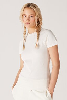 Slim Fit Dar Kesim %100 Pamuk Bisiklet Kırık Beyaz Tişört - Worn White-W7R4EEW02 (görsel 2)