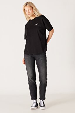 Loose Fit Rahat Kesim %100 Pamuk Bisiklet Yaka Siyah Tişört - Black-W7R9EE001 (görsel 5)