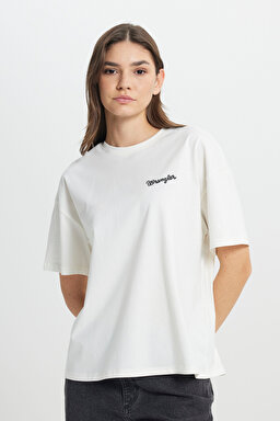 Loose Fit Rahat Kesim Bisiklet Yaka %100 Pamuk Beyaz Tişört - Off White-W7R9EE102