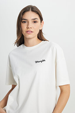 Loose Fit Rahat Kesim Bisiklet Yaka %100 Pamuk Beyaz Tişört - Off White-W7R9EE102 (görsel 5)