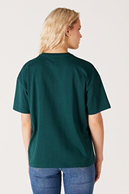 Loose Fit Rahat Kesim %100 Pamuk Bisiklet Yaka Yeşil Tişört - Dark Matcha-W7R9EEG61 (görsel 5)